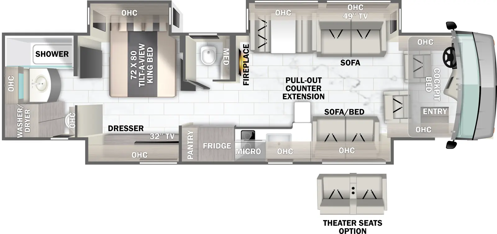 The 39A has 3 slide outs and one entry. Interior layout front to back: cockpit with entry, overhead cabinets, and cockpit bed; off-door side slideout with sofa, TV, dinette and overhead cabinet; door side slideout with sofa, overhead cabinet, kitchen counter with sink, pull-out counter extension, microwave above cooktop, refrigerator, pantry, and bedroom dresser with overhead cabinet and TV; off-door side fireplace along inner wall, and bathroom toilet with medicine cabinet; off-door side slideout with tilt-a-view king bed and overhead cabinet; rear full bathroom with washer/dryer prep, and overhead cabinets. Optional theater seats available in place of sofa in off-door side slideout.